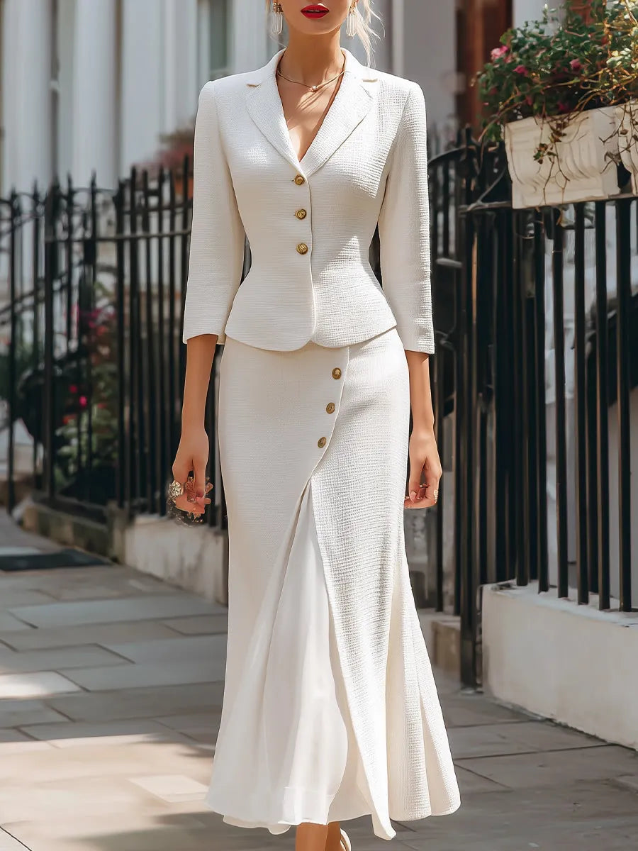 Elegant Textured Buttoned Blazer & Midi Skirt Set