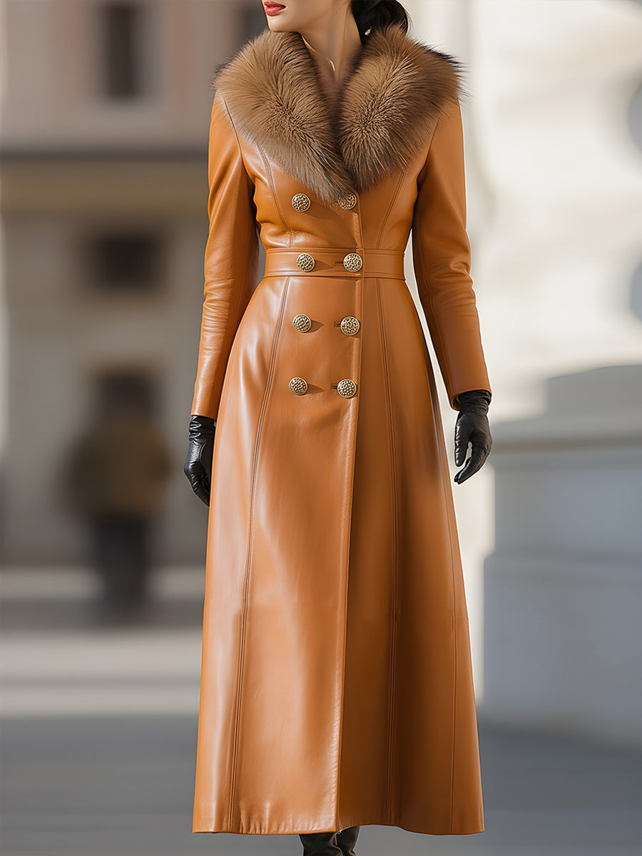 Caramel Leather Double-Breasted Coat With Fur Collar