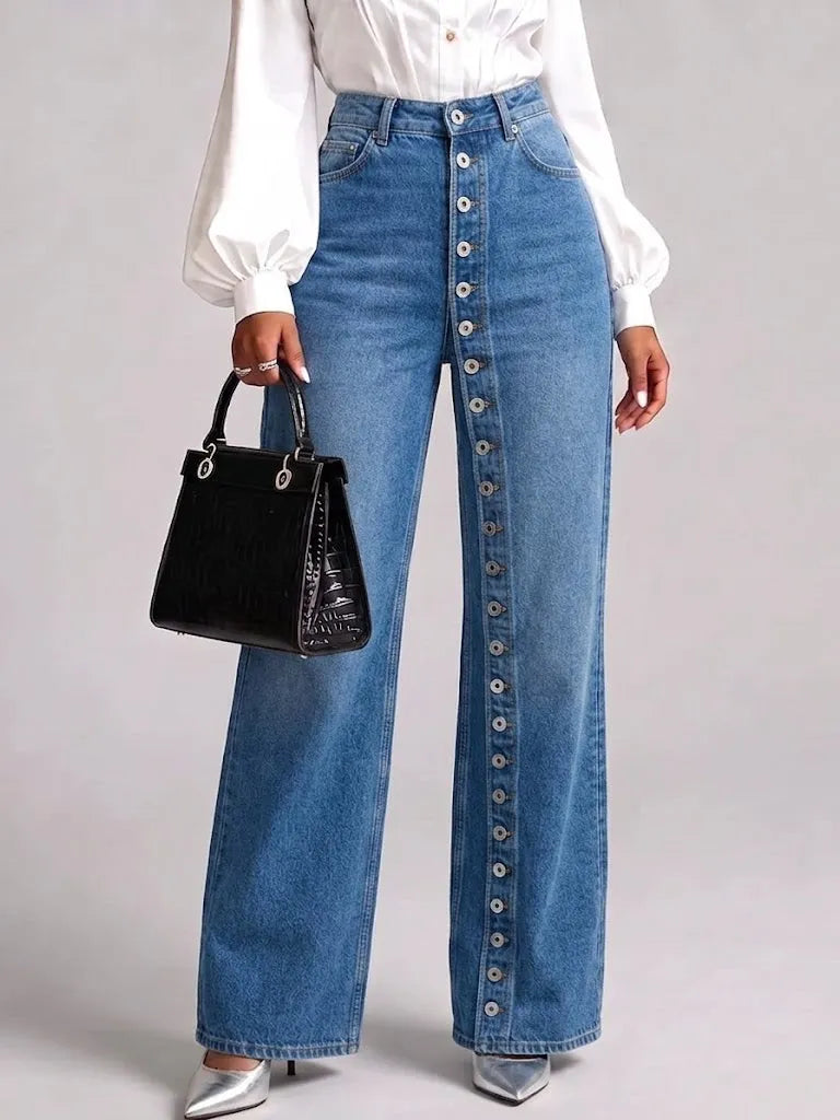 High‐waist Full‐button Front Wide‐leg Jeans