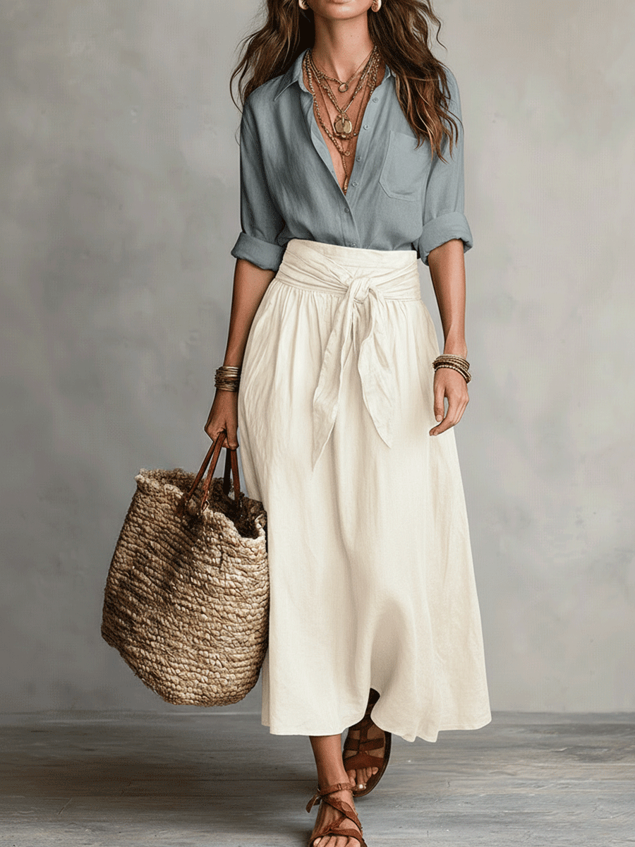 Effortless Boho Black Blouse & Olive Satin Midi Skirt Set