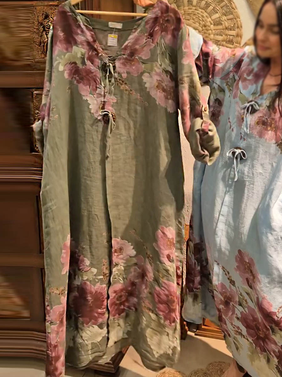 Women's V-neck Long Sleeve Vintage Positioning Print Casual Loose Cotton and Linen Dress