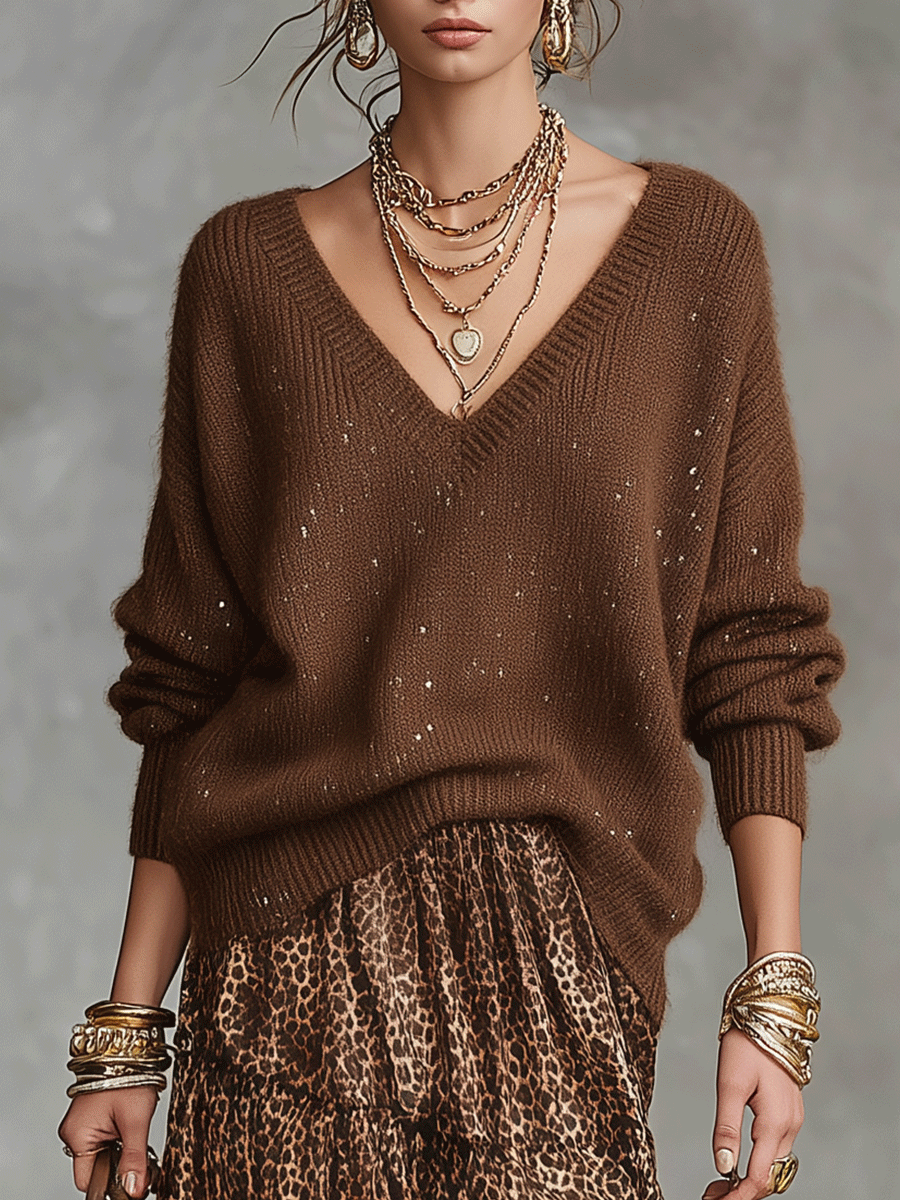 Oversized V-Neck Sweater & Leopard Print Tiered Ruffle Maxi Skirt Set