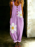Women's Retro Floral Art Print Washed Cotton Denim Patchwork Jumpsuit