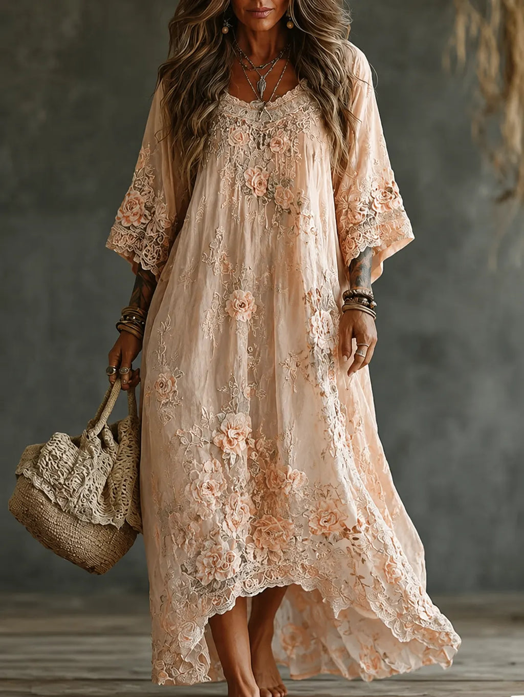 Women's Boho Floral Embroidered Lace Printed Maxi Dress