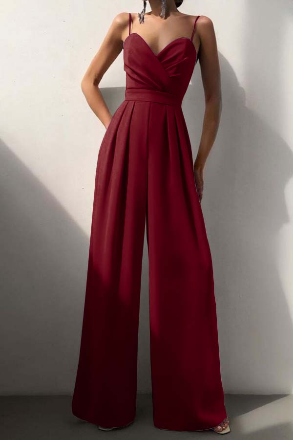 Cocoslly Chic Lilac Sweetheart Spaghetti Strap Sleeveless Pleated Long Wid-Leg Jumpsuit