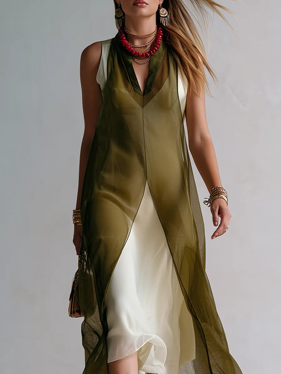 Bohemian Olive Green Sheer Overlay Contrast Layer Maxi Dress