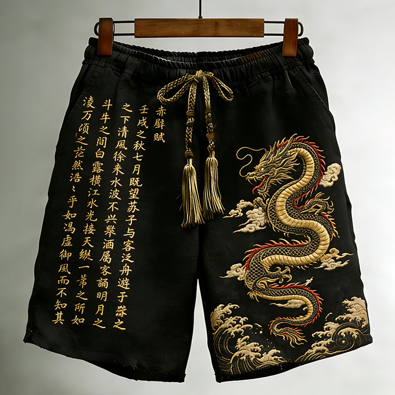 Men's Japanese Calligraphy Dragon Art Linen Casual Shorts