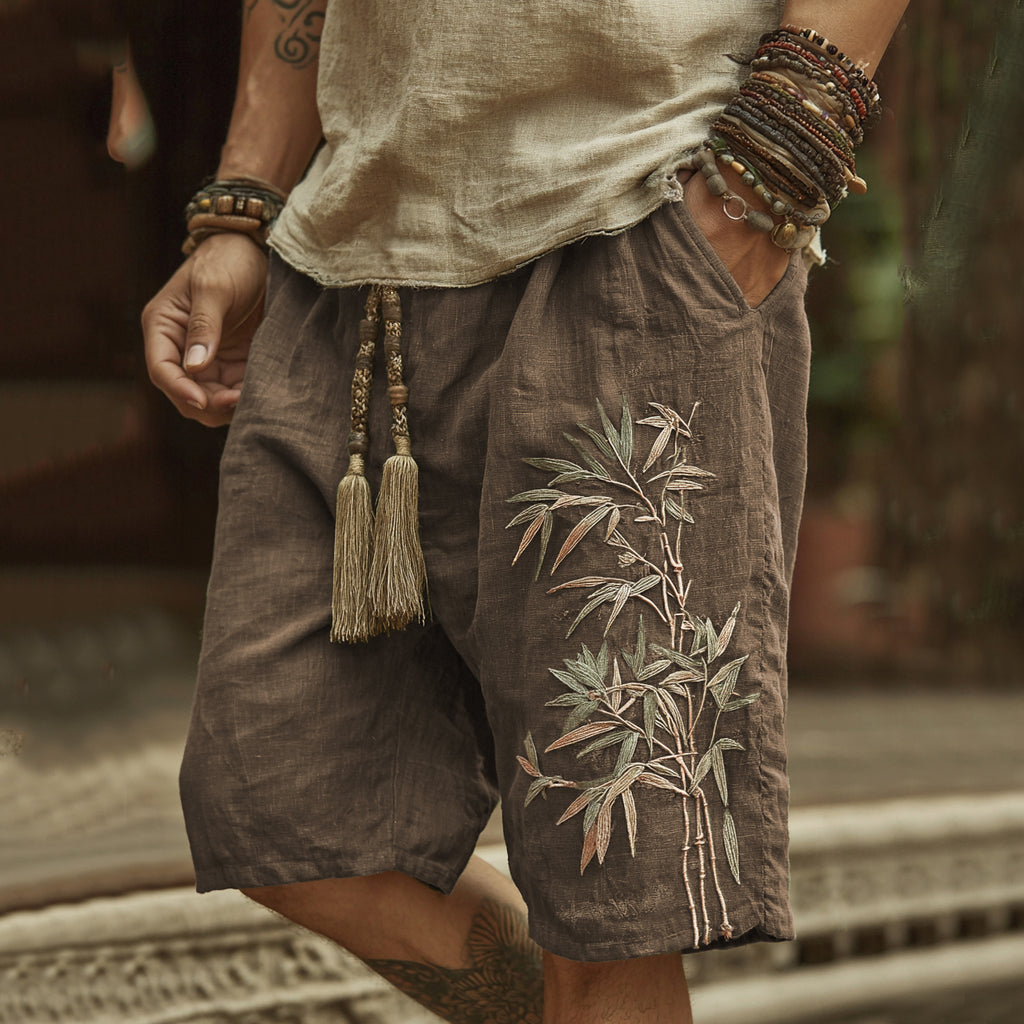 Japanese Bamboo Embroidery Art Linen Blend Casual Shorts