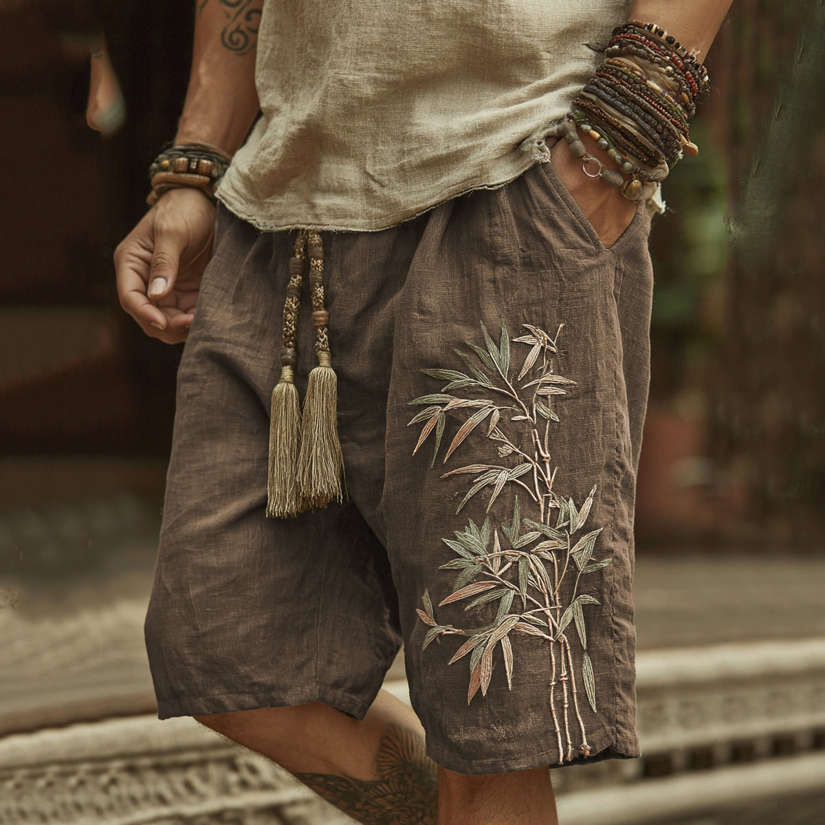 Japanese Bamboo Embroidery Art Linen Blend Casual Shorts