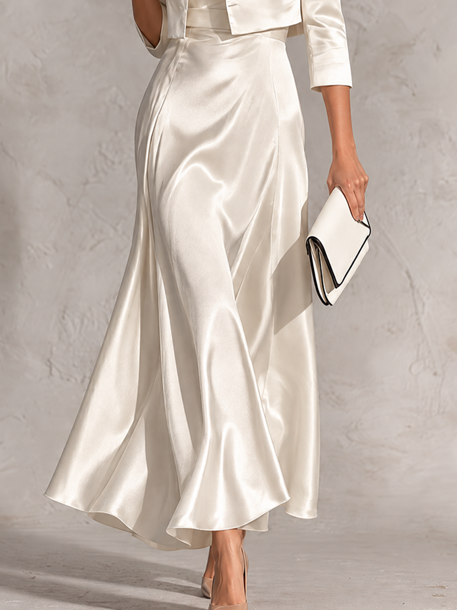 Elegant Ivory Satin Cropped Jacket & Maxi Dress Set