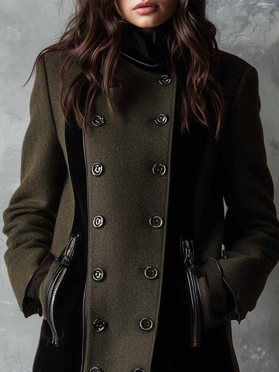 Military Green Wool-Blend Coat With Black Contrast Panels