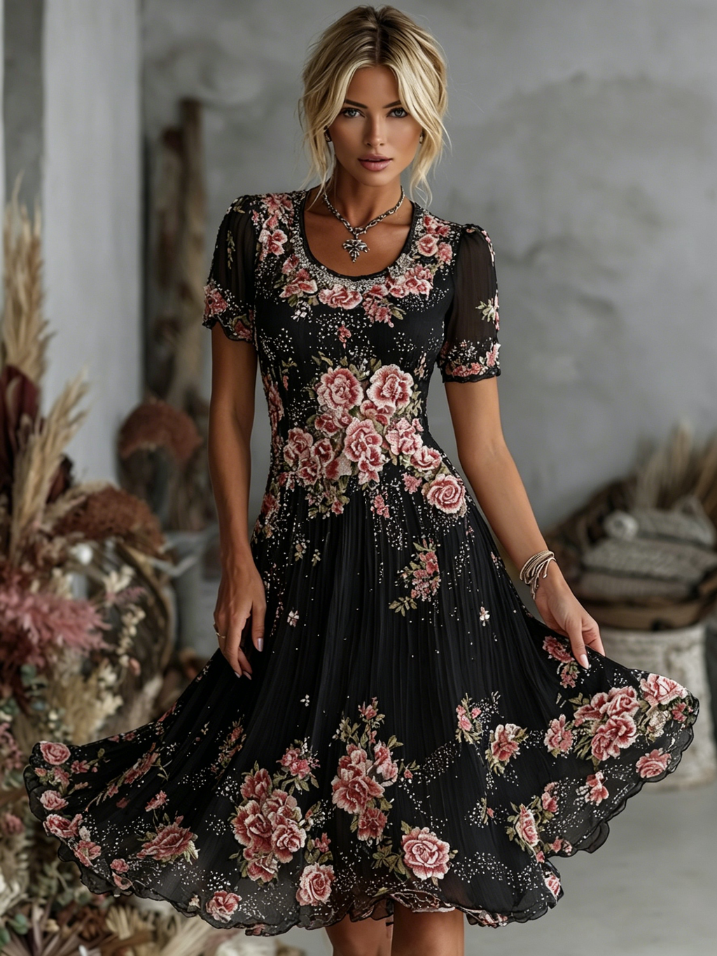 Women's Vintage Floral Art Pattern Crew Neck Short Sleeve Linen Maxi Dress