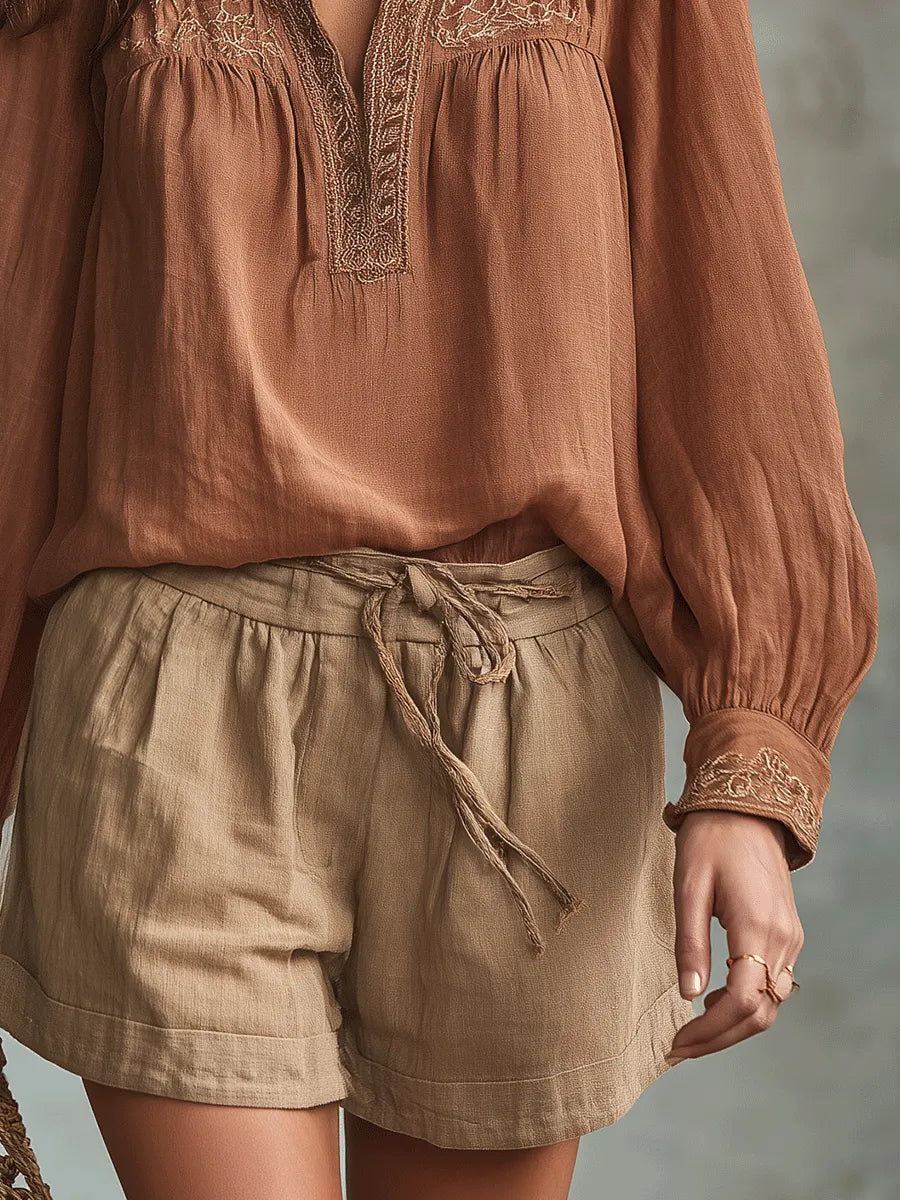 Vintage Embroidered Bohemian Peasant Blouse And Shorts Set