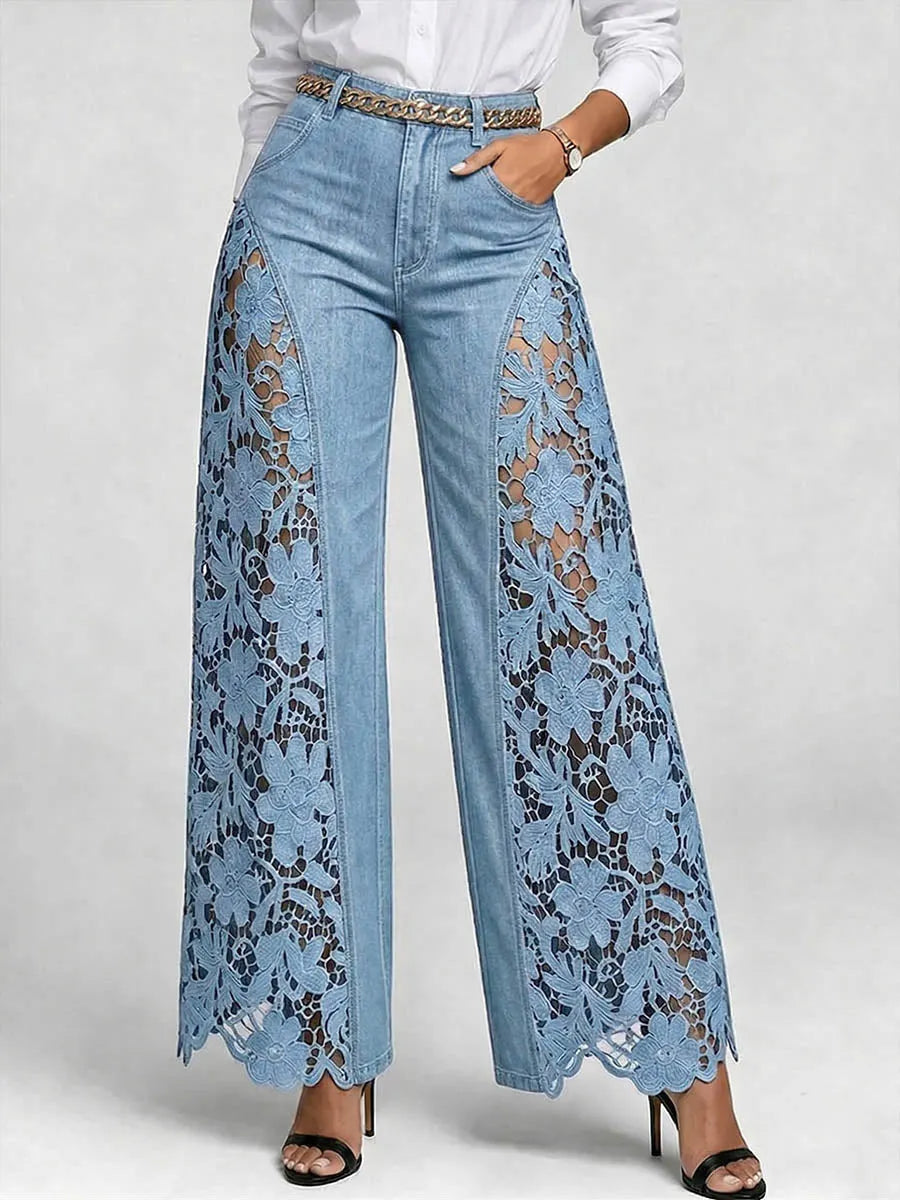 Women's High-waisted Loose-fit Embroidered & Paneled Wide-leg Jeans