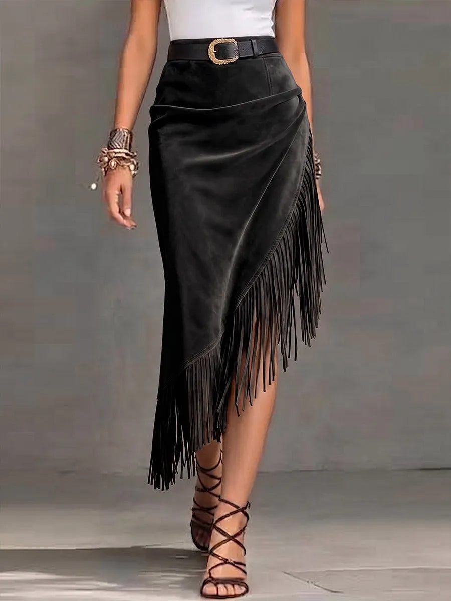 Women's High-waisted Casual Loose Faux Suede Tassel Skirt