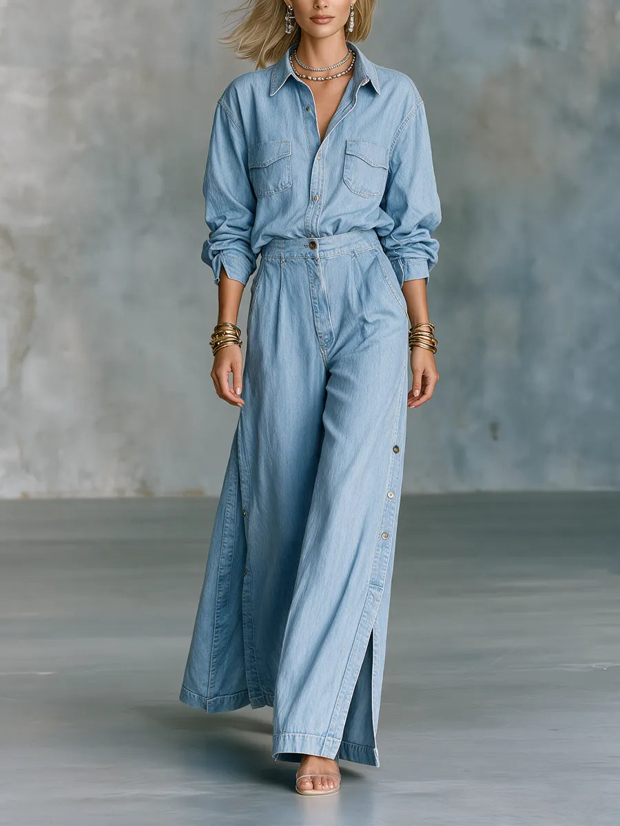 Effortless Denim Luxe Shirt & Side-Slit Wide Leg Jeans Set