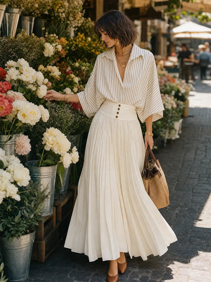 Elegant Ivory Striped Pleated Skirt Set