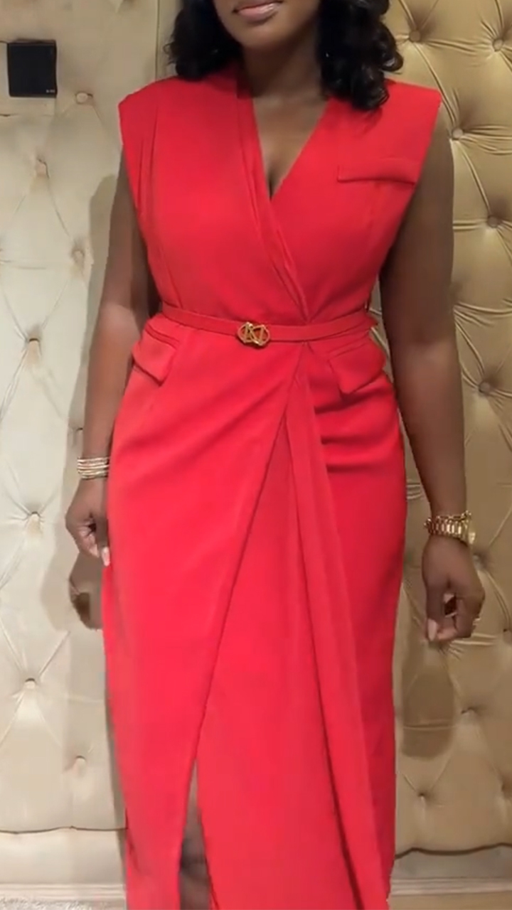 Women V-neck Solid Color Casual Dress with Temperament