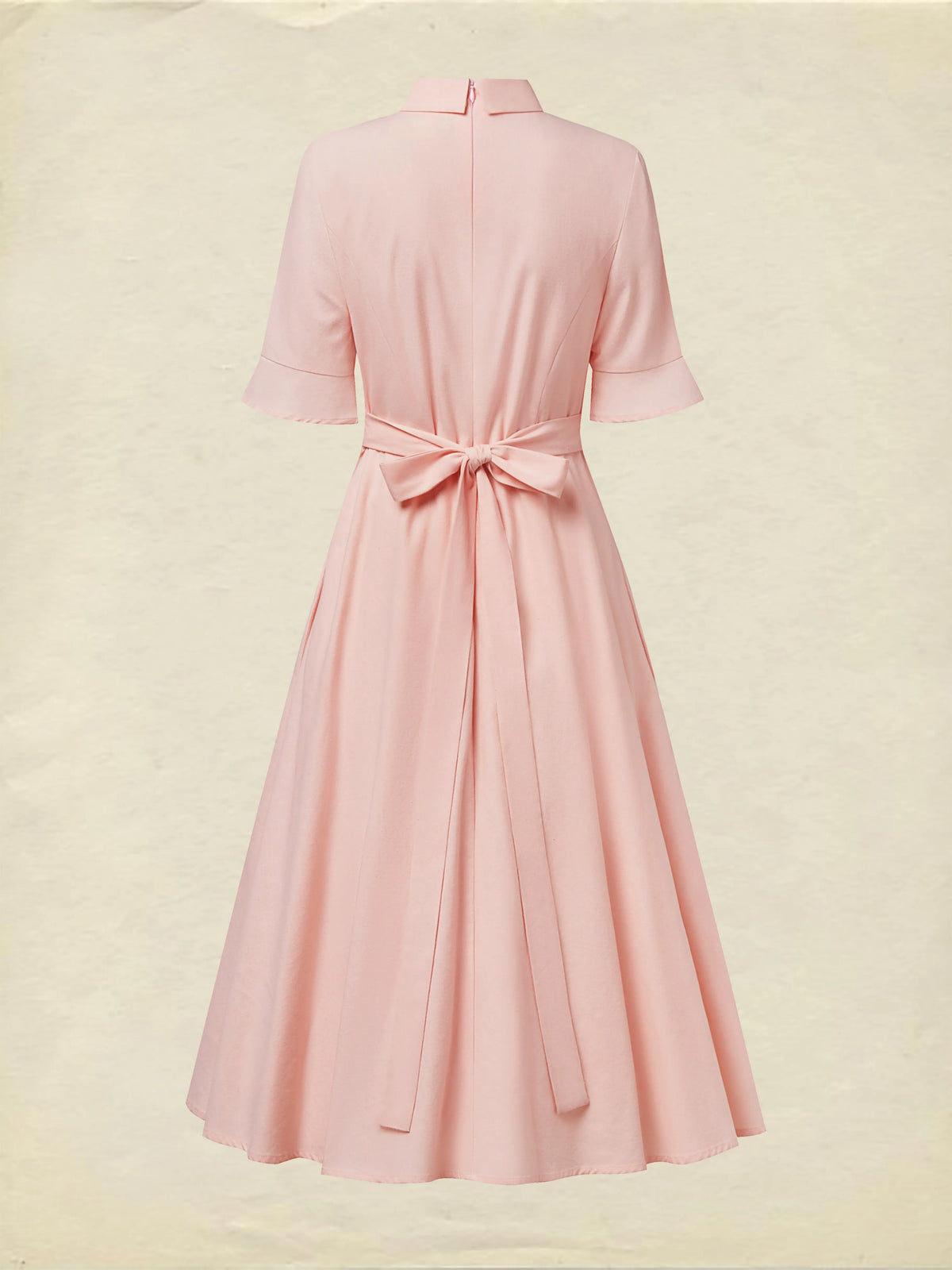 Midi Linen Dress , Half Sleeve, Round Neck, Plain, Bow, French Vintage, Light Pink