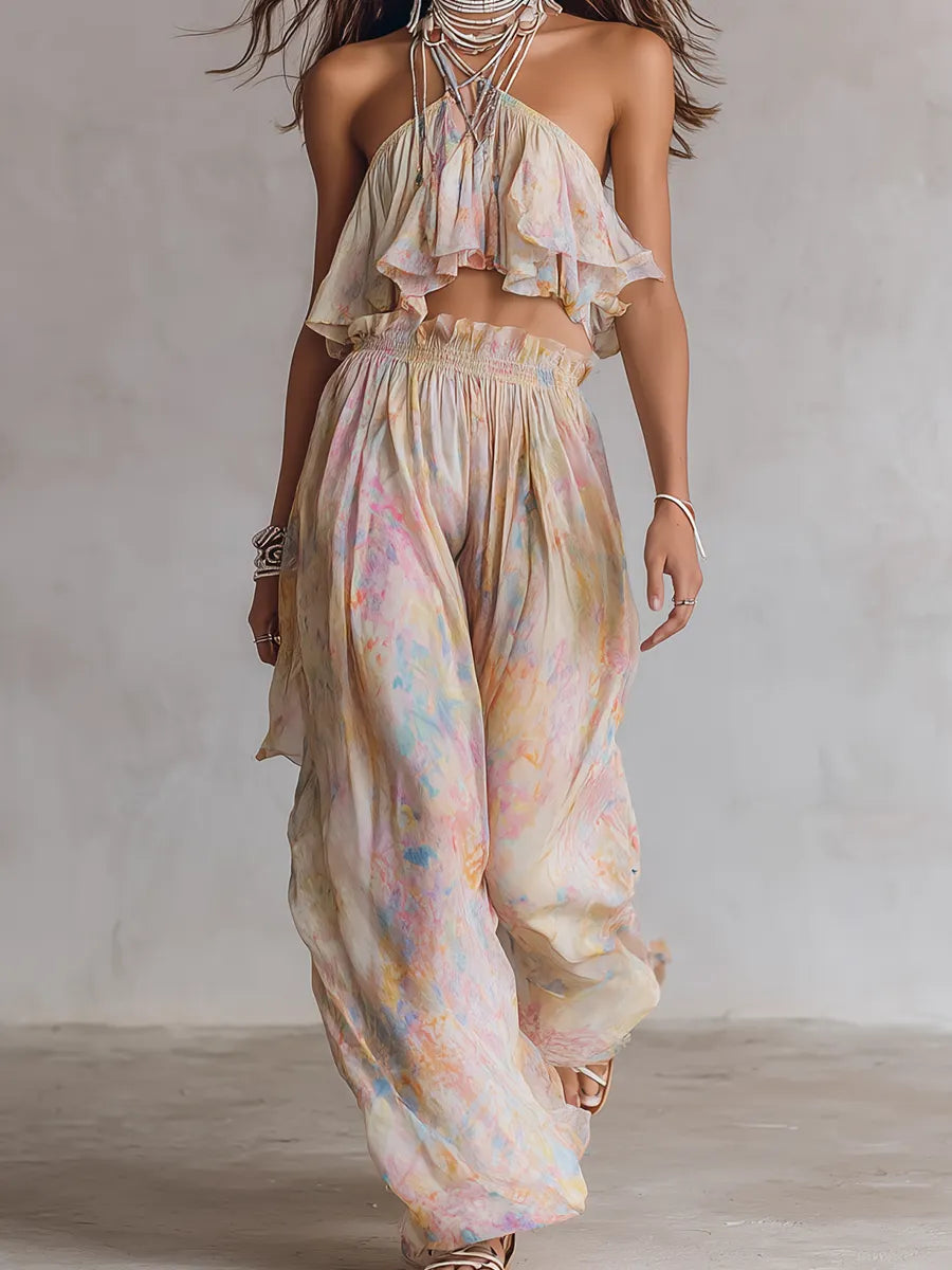 Bohemian Style Halter Neck Crop Top And Wide-leg Pants Set