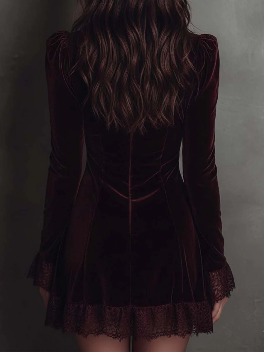 Burgundy Velvet Lace-trimmed V-neck Mini Dress