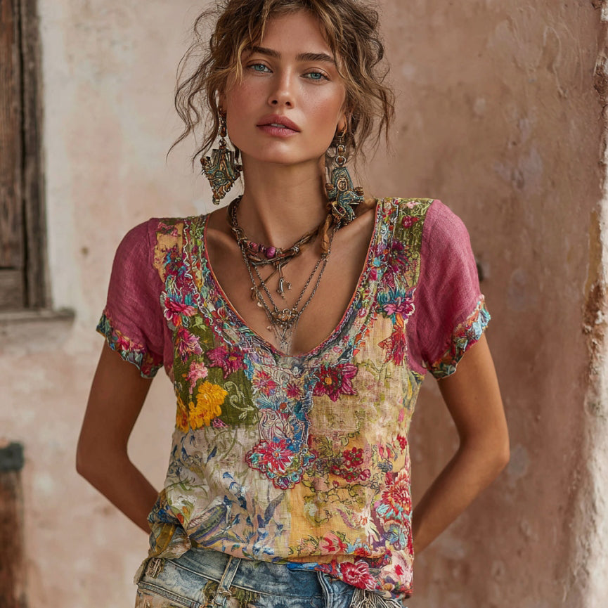 Women's Bohemian Floral Embroidery Patchwork Art Round Neck Short Sleeve Linen Blend T-shirt