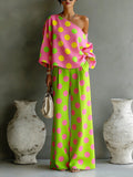 Women's Colorful Polka-Dot Off-Shoulder Flowy Two-Piece Set