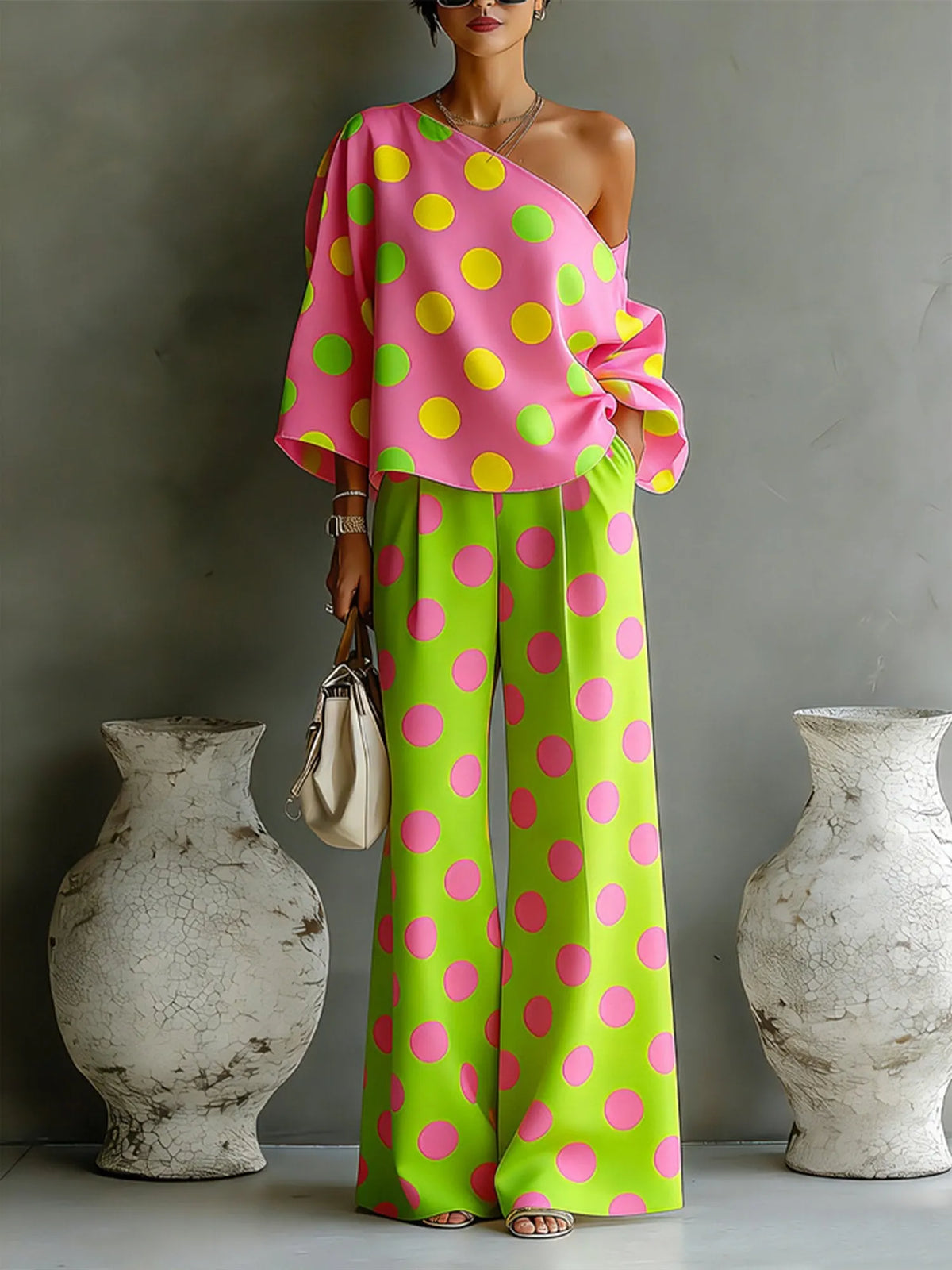 Women's Colorful Polka-Dot Off-Shoulder Flowy Two-Piece Set