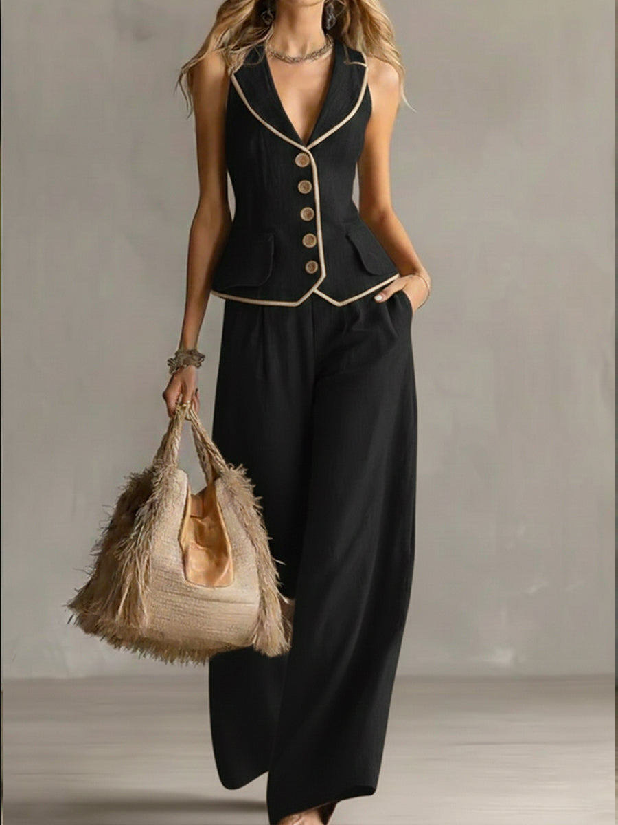 Women's Slim-fit Linen And Cotton Vest And Trousers Two-piece Set