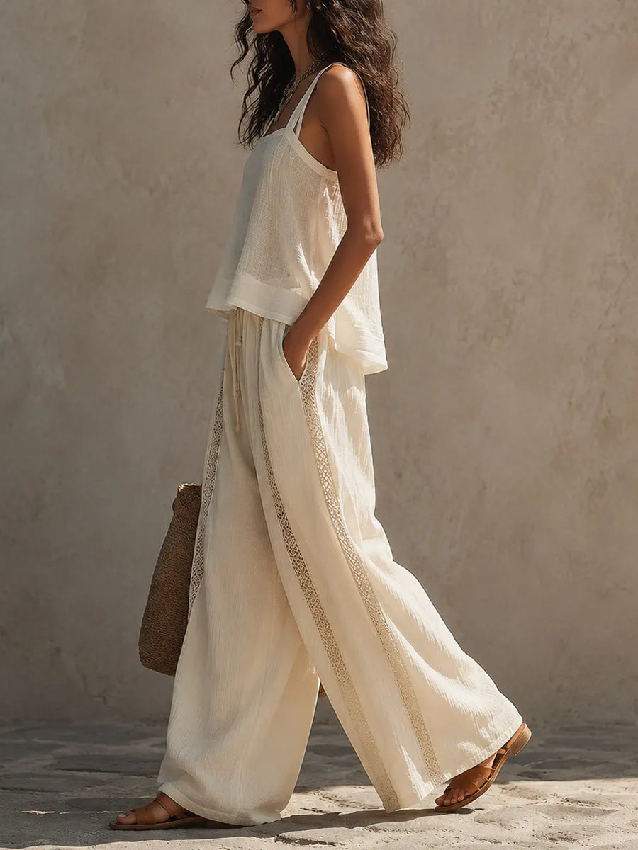 Boho Slub Linen Sleeveless Blouse & Lace-Trimmed Wide-Leg Pants Set