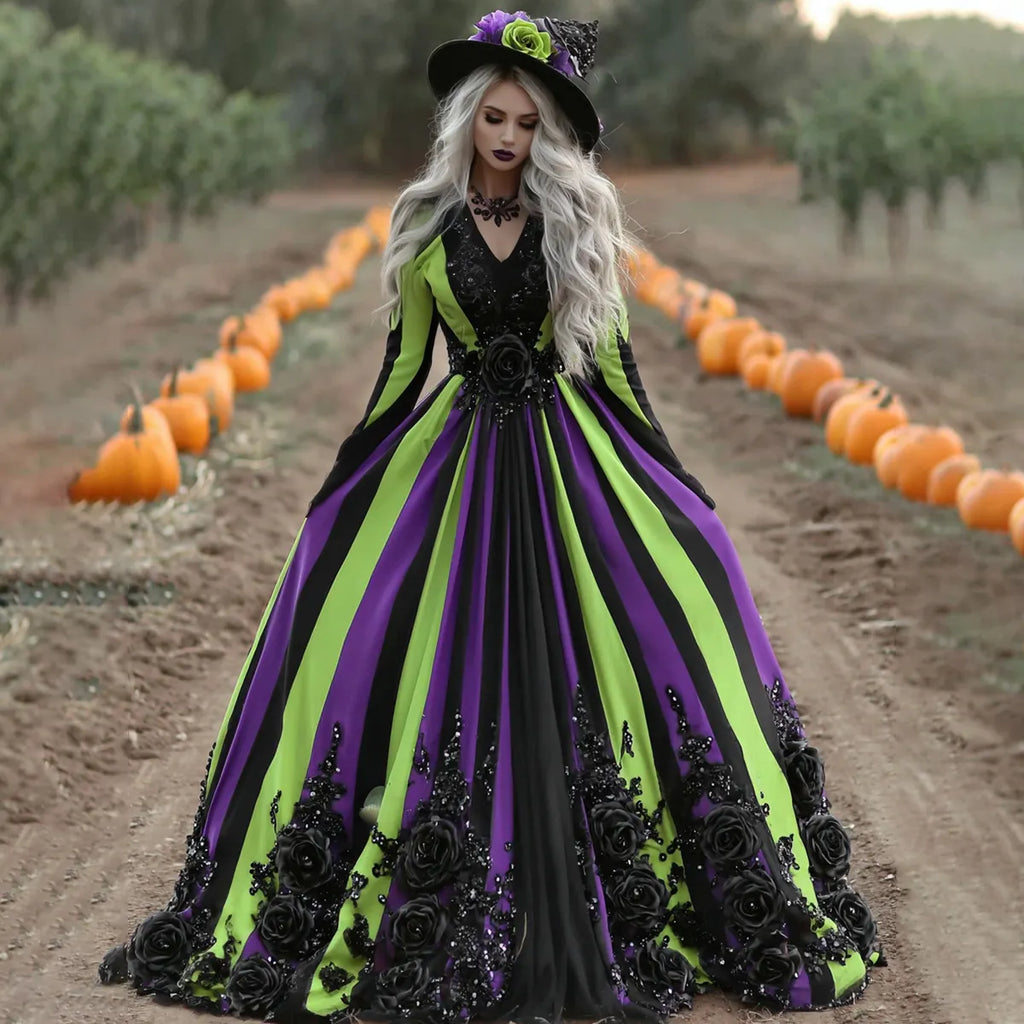 Women's Vintage Halloween Black Green Purple Stripes Art Comfy Velvet V Neck Maxi Dress