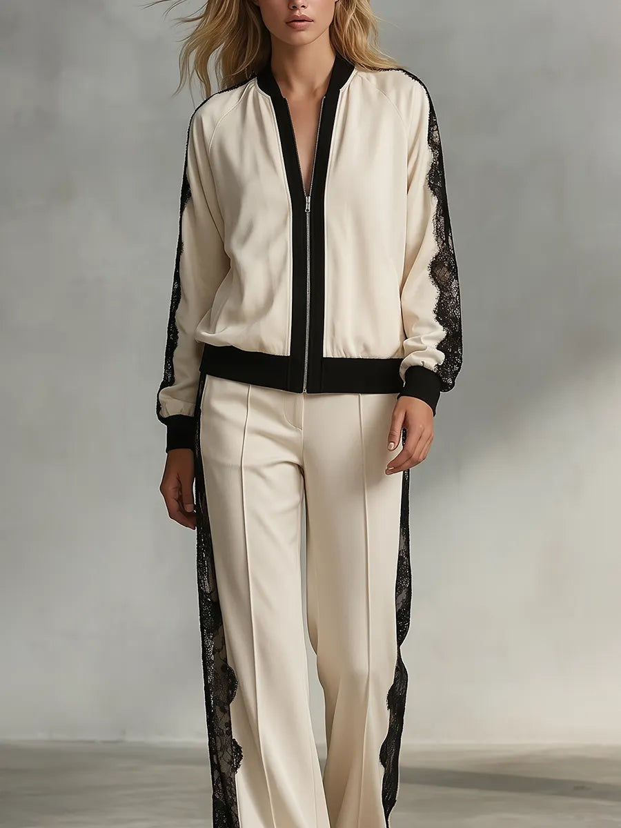 Sport Luxe Lace Panel Bomber Jacket & Wide Leg Pants Set