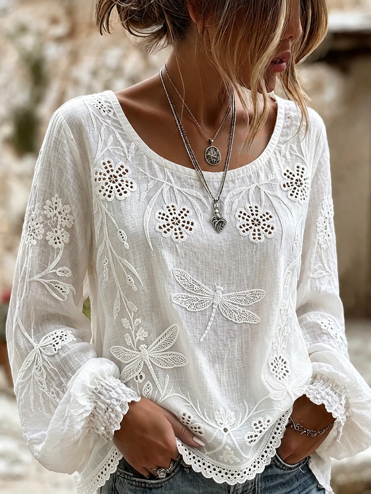 Women's Vintage White Floral With Dragonfly Embroidered Linen Blend Long Sleeve Tops