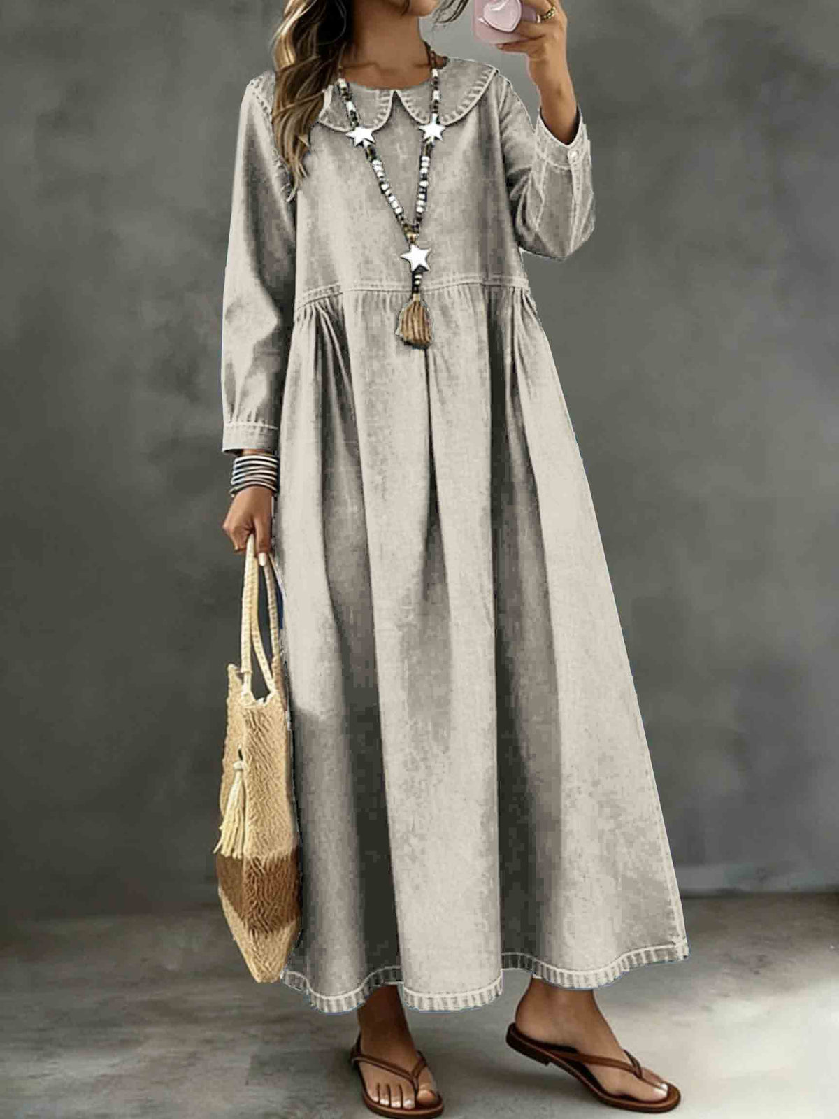 Long Sleeved Lotus leaf collar  Loose Denim Dress