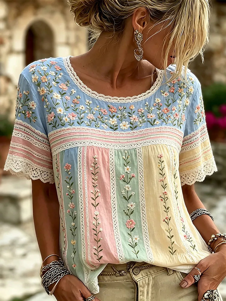 Women's Small Floral And Lace Art Splicing Comfortable Cotton Linen Casual Round Neck Short Sleeve Top