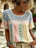 Women's Small Floral And Lace Art Splicing Comfortable Cotton Linen Casual Round Neck Short Sleeve Top