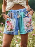 Women's Patchwork Rose Floral Contrast Waist Drawstring Pocket Shorts