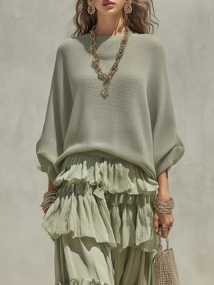 Bohemian Sage Green Sweater And Ruffled Skirt Set