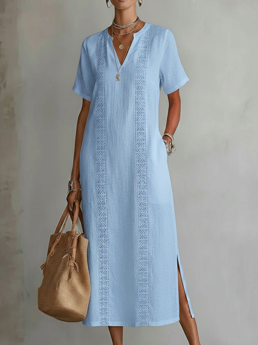 Retro Cozy Lace V-neck Loose Linen Cotton Dress