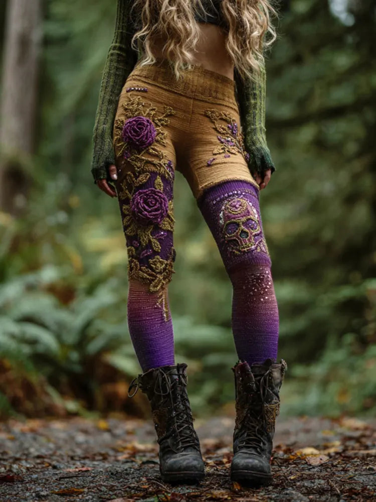 Women's Vintage Skull And Rose Patchwork Comfortable Leggings