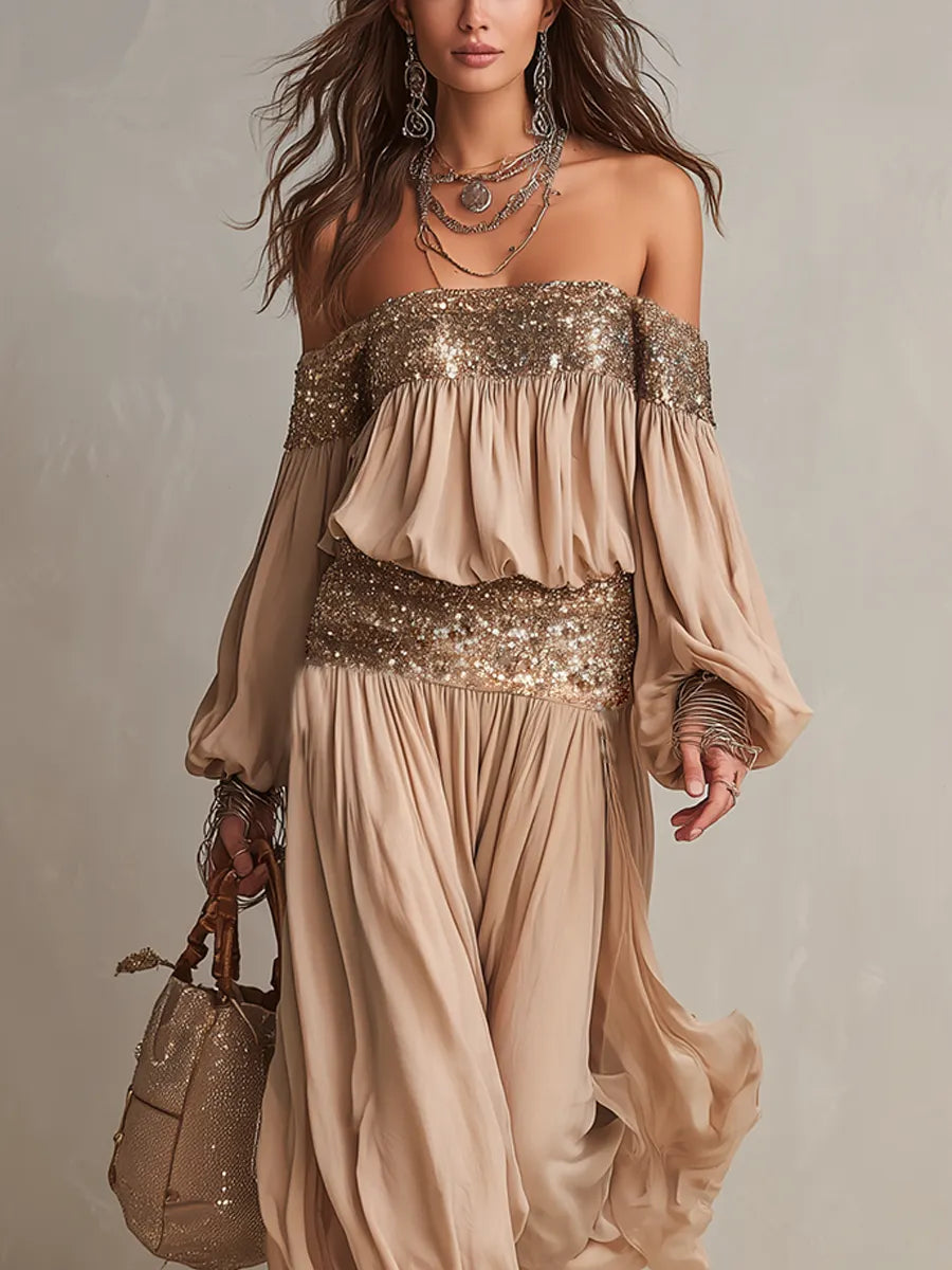Bohemian Sequined Strapless Top And Wide Leg Pants Set