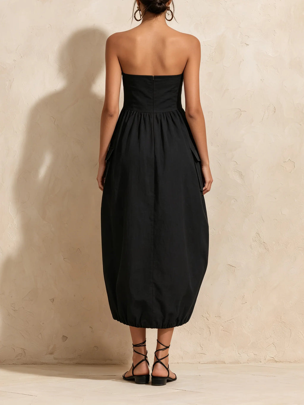 Strapless Big Cargo Pocket Bubble Hem Midi Dress, Casual High Waist Black Vacation Dress