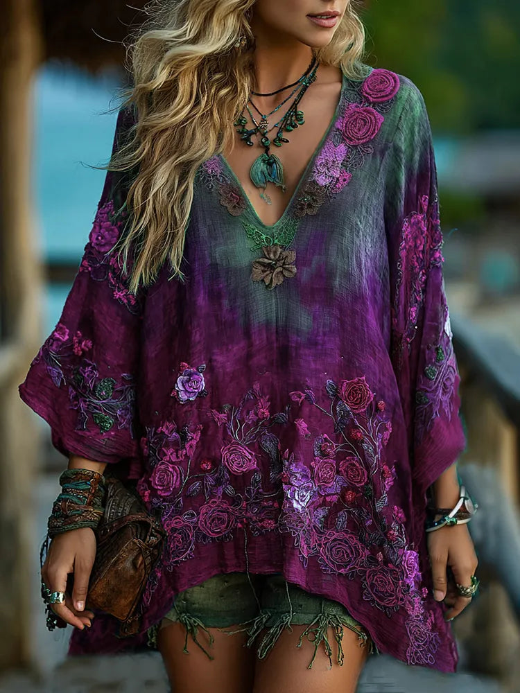Vintage Classy Gradient Blue Rose And Floral Embroidered Pattern V Neck Long Sleeve Shirt