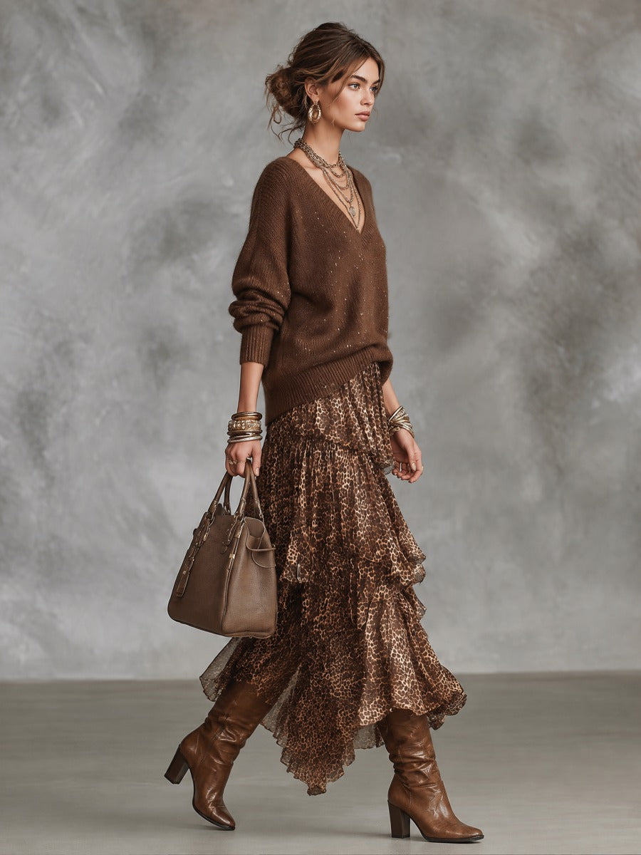 Oversized V-Neck Sweater & Leopard Print Tiered Ruffle Maxi Skirt Set