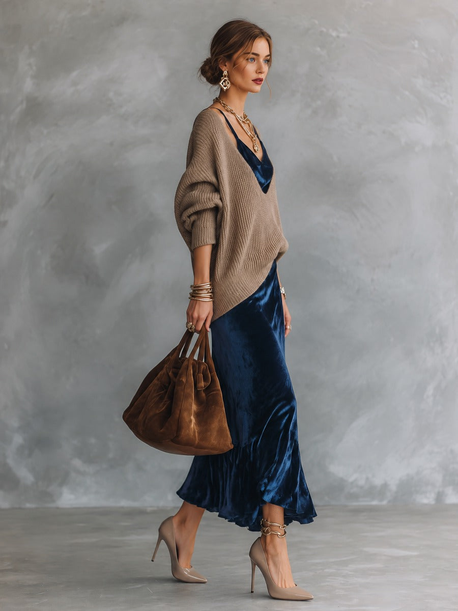 Layered Velvet Cowl Neck Slip Dress with Oversized Knit Sweater Set