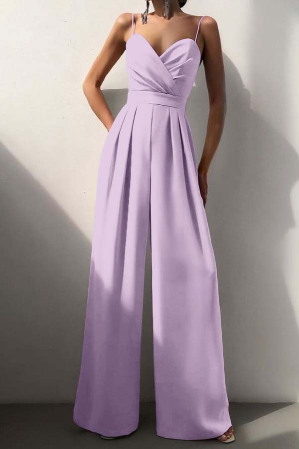 Cocoslly Chic Lilac Sweetheart Spaghetti Strap Sleeveless Pleated Long Wid-Leg Jumpsuit