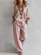 Casual Light Pink Linen Wide-leg Pants Set