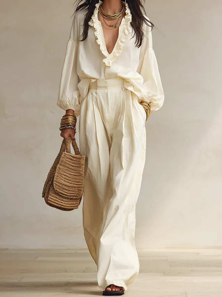 Elegant Ivory Lightweight Cotton-blend Ruffled V-neck Shirt And Loose High-waisted ¡ªBohemian-style Two-piece Outfit Wide-leg Trousers Set