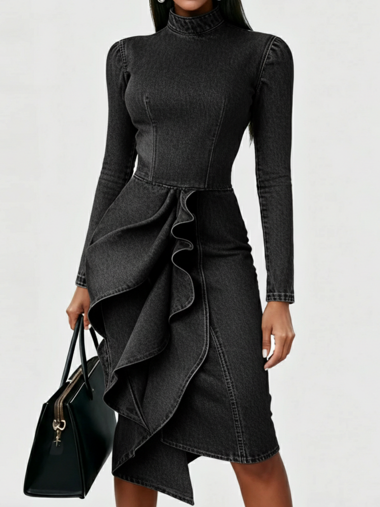Elegant Multi-layered Ruffle Hem Denim Dress