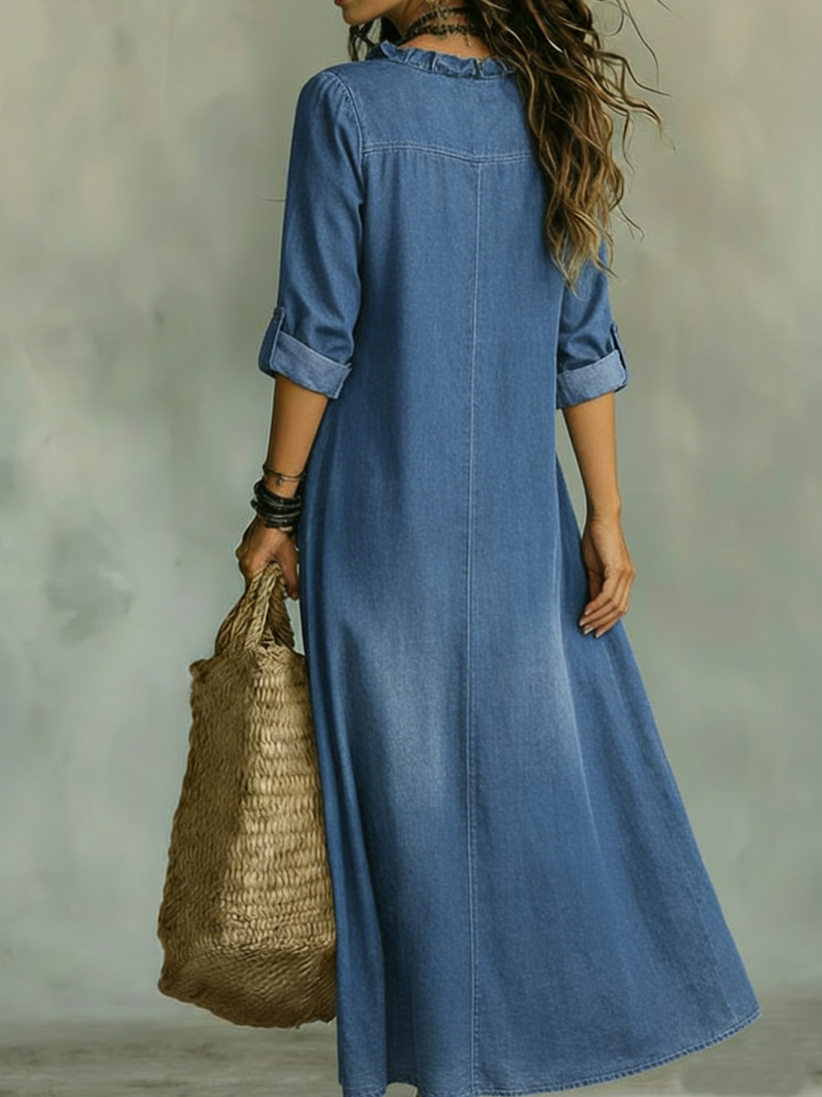 Romantic Ruffled Collar Denim Dress
